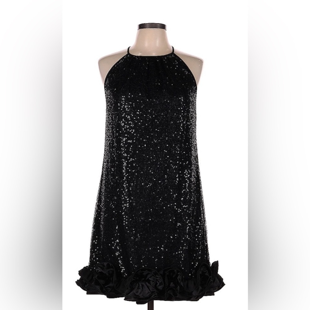 Jessica Howard Black Sequin Cocktail Dress with ruffle trim  size 8